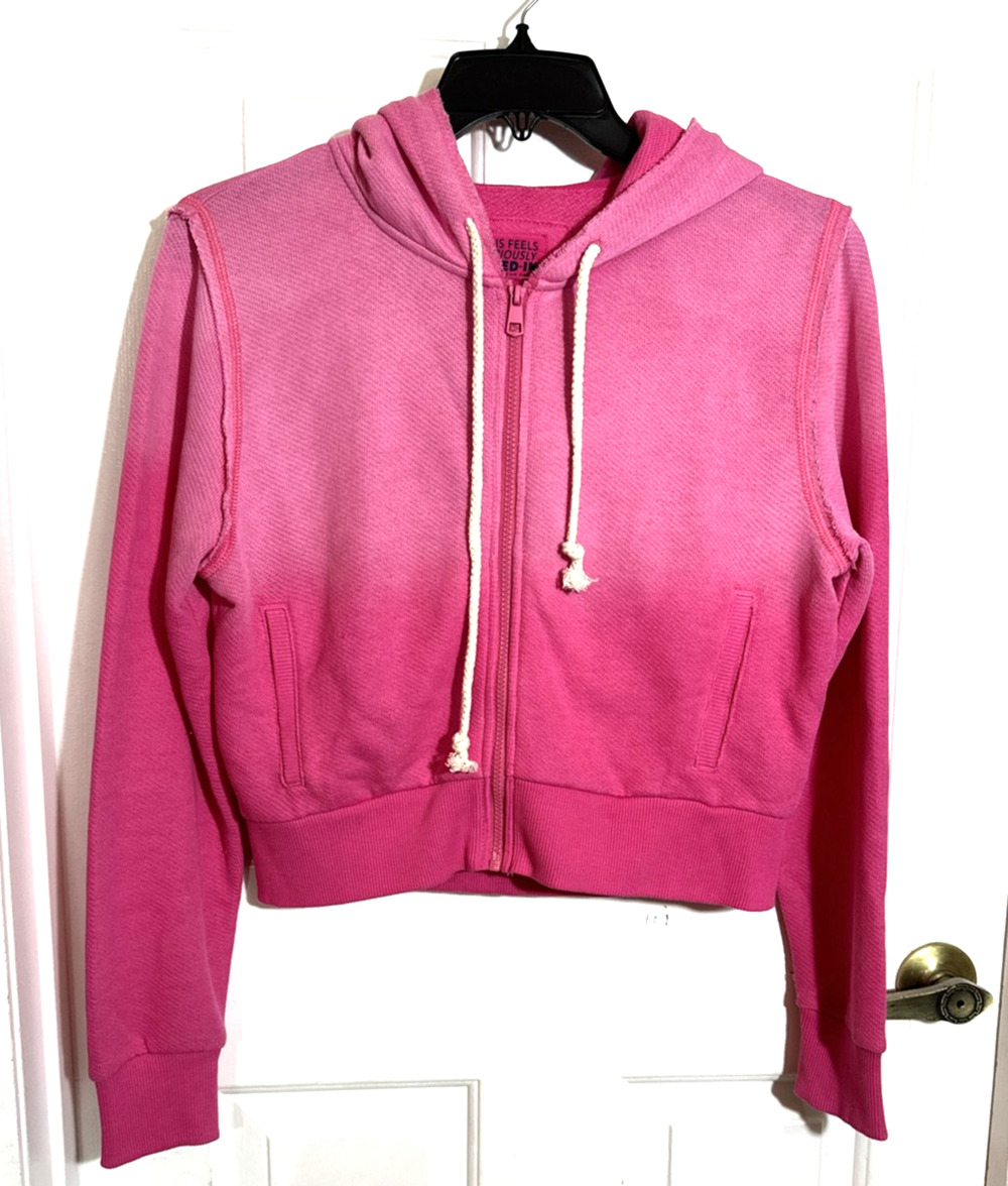 American Eagle Crop Zip Hoodie "This Feels Seriously Lived In" Pink Ombre L